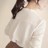Spring V-neck Womens Tops Long Sleeve Chiffon Blouse Summer New White Female Korean Tops Wild Loose Office Lady