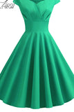 Summer Women Vintage Dress Short Sleeve V Neck Casual Elegant Retro Pin up Party Midi Dresses Vestidos