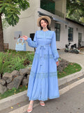 Wooden Ear Collar Buckle Tie With Long Hollow Lace Splicing French Bubble Sleeve