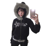 Cloth Forget Retro Hair Splicing Velvet Zipper Casual Coat BM Style Hooded Solid Color