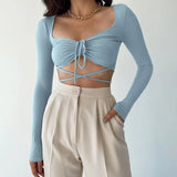 Knit Cropped Tops Women V-Neck Lace Up Sexy Solid Long Sleeve Shirt Woman Waist Skinny Autumn Clothing 2021 Chic