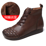 Time 138] National Wind Leather Hand-Woven Flat Bottom Short Boots Cow Skin Boots Soft Bottom Women's Cotton