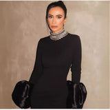 Fashionable Horn Sleeves Water Drilling Black Dress Fashion Elegant Dinner Tweed