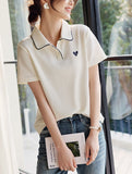 With Short-Sleeved T-Shirt Women 2025 Summer New Love Embroidery Collar Casual Slim Polo