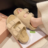 New Lamb Hairy Shoes Double Buckle Buckle Buckle Shoes Thick-Skin Pine Cake Word Sandals To Wear Slippers Women's