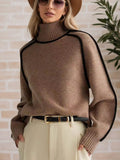Autumn And Winter Half-High Three-Dimensional Stripe Thin Leisure Loose Knitted Knitted Jersey Languid