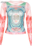Dollar Print Mesh T-Shirt Women Long Sleeve Aesthetic Y2K Tops Female Hipster Wild Slim Gorgeous Tees