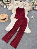 Women Pleated Set Sexy Spaghetti Strap Camis Tops + High Waist Wide Leg Loose Pants Casual Red/Yellow/Brown Suits