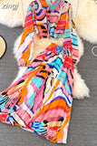 Women Printed Chiffon Two Piece Set Female Turn-Down Collar Single Breasted Blouse + High Waist Pleated Skirt Suit