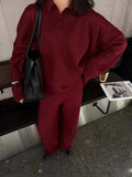 And Winter Solid-Color Lap-Over Sweater Set Women's Loose Knit Polo Collar Sweater Broad Leg Pants