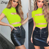 Women Solid Color Sexy T Shirt Plain Short Sleeve Hallow Out Stretch Strappy Summer Crop