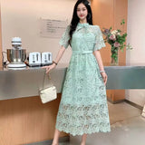Retro High-End Squealing Hook Lace Dress Women's Summer Waist Thin Temperament A-Word Fairy