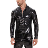 Zingj Men's PU Mirror Bright Leather Long Sleeve Casual Leather Jacket Slim Zipper Standing Collar T-Shirt Smell