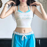 Wears Maiden Lace Spliced Pleated Sling Vest Summer Letter Printed Small Fresh