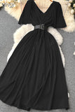 Women Pleated Party Long Dress Sexy V-Neck Short Sleeve High Waist A-Line Maxi Vestidos With Belt Vacation Beach Robe