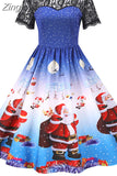 Christmas Dress Women 2023 New Short Sleeve Print High Waist Elegant Vintage Winter Xmas Party Sundress 3XL