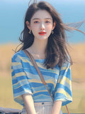 Korean Chic Oceanous Special To Beautiful Blouse Loose And Thin Blue Striped