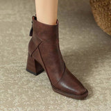 Brown Soft Leather Thick Heel Short Boots Female 2025 New High-Heel Martin Boots British Style Small Square Head Thin