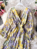 Autumn Women Floral Long Dress Vintage V-Neck Flare Sleeve Backless High Waist A-Line Big Swing Maxi Vestidos New