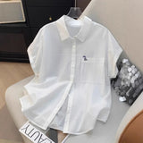 Shirt 2025 Summer New Button-Fight Interface Bag Embroidered Letter Bows Over The Edge Of The Short-Sleeved Shirt