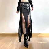 High Street Hottie Style Irregular Leather Splicing Skirt Sexy Repair Fork And Hip