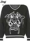Fashion Loose Stripe Printed Knitted Sweater V Neck Autumn Winter Pullover Preppy Style Jumpers Sweater for