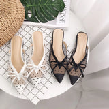 New Korean version of the red lace net yarn wave point pointed flat bottom half drag Muller shoes slippers