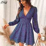 PETAL Plunge A-Line Mini Dress Woman Green Sexy Long Sleeve Party Dress 2023 Spring Autumn Female
