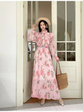 2025 New Long-Sleeved Heavyweight Bow Long Print Chiffon Sweet Dress Seaside