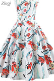Women Summer Sleeveless Floral Print Midi Dress O Neck Retro Vintage Vestidos Robe Rockabilly