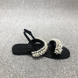 2025 New European Women's Shoes Pearl Sandals One-Word Buckle With Beads Toe Flat Sandals