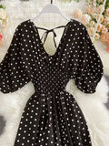 Vintage Women Polka Dot Romper Sexy V-Neck Puff Short Sleeve High Waist Backless Wide Leg Jumpsuits Female New