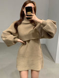 Casual O-Neck Knitwear Dress Female Loose Two Piece Set Thick Warm Lantern Sleeve Knitted Pullover Women Sweaters