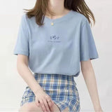 Zingj Sleeve Korean Round Collar T-Shirt Female 2024 Summer Loose Plant Print Casual Solid Color Student Half Sleeve Top
