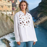 Zingj Autumn New Fashion Leisure Three-Dimensional Flower Splicing Advanced Sense Single Breasted Hollow Out Long Sleeve Shirt