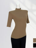 Zingj High Temperament Style Half High Collar Sleeve Bottom Shirt Female Five Sleeve Black With Short Sleeve Slim
