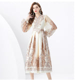 Famous Woman On Holiday Wrapped With V-Neck Lantern Sleeve Long Retro-Print Dress Elegant
