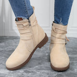 Velvet Flat-Bottomed Short-Spin Women Retro Side Zipper Belt Buckle High-Gang