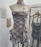 Shooting Round Neck Fluttering Dye Printing Irregular Lotus Leaf Side Mesh Slings Slings Sleeveless Top