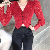 Shirts Women Notched Cropped Puff Sleeve Lace Tops Charming Elegant Temperament Mujer Single Breasted Ins Trendy