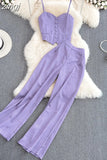 Sexy Striped 2Pcs Set Elegant Single Breasted Strap Camis Tops + High Waist Pants Casual Two Pieces Suits Female New