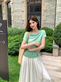 Xixi 13 Lines 2025 Summer New Korean Version Of Temperament Lace Jersey Short-Sleeved Top