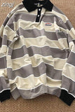 Retro Striped Long-sleeved POLO Shirt Top Men Women Loose Trend Couple BF Lapel Sweatshirt Preppy Hip Hop Cool