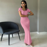 Zingj Summer New Women's Solid Color Temperament U Collar Short Sleeve Slim Long Dress