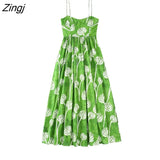 Women Fashion Floral Print Pleats High Waist Big Swing Sling Midi Dress Female Chic Spaghetti Strap Party Vestidos