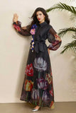 Court-Print Bubble-Sleeved Dress Women's Autumn Strap-In Belt Design Super Fairy Long Dress