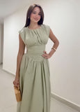 New Sweet Pure Want To Collect Waist Thin A Word French Girl Folds Splicing Short Sleeve Long Dress