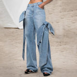 Zingj 2024 New Wash Do Old Splicing Bow Wide Leg Pants Design Sense High Waist Show Skinny Jeans