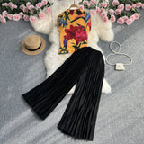 Zingj Suit Female Light Ripe Wind Short Sleeve Standing Collar Slim Print Pleated Top Two-Piece High Waist Show Slim Wide Leg