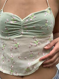 Women Y2K Backless Floral Crop Tops Vintage Sexy Halter Tie Up Off Shoulder Camisole Summer Cute Mini Vest